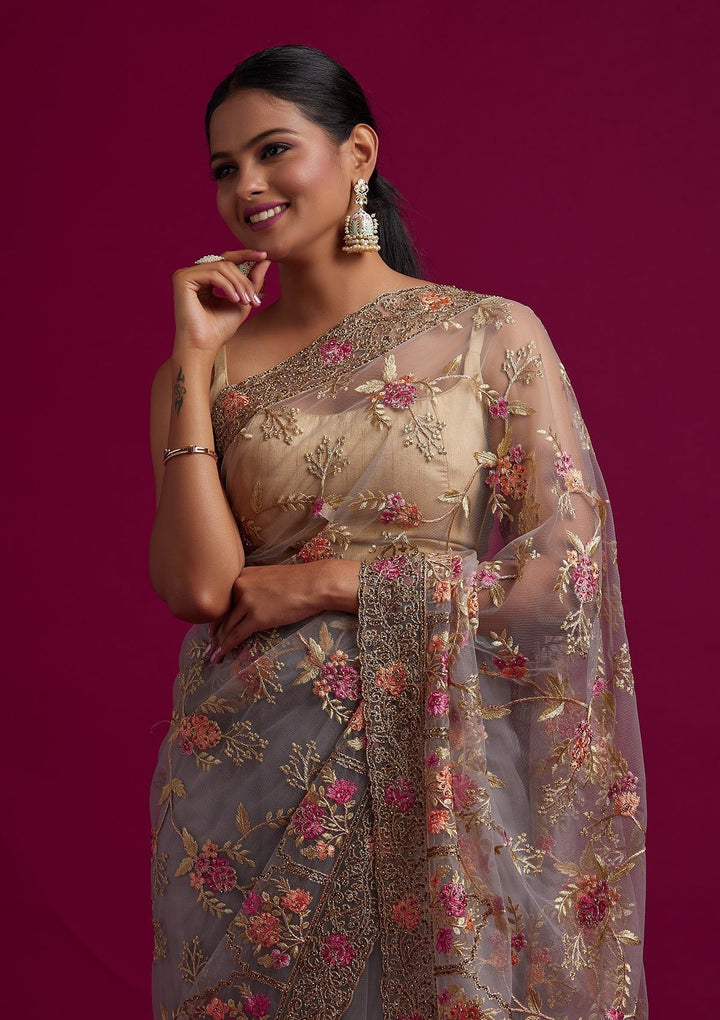 Dark Grey Stonework Net Designer Saree - koskii