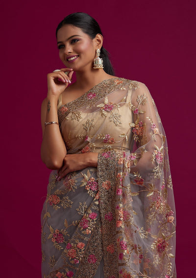 Dark Grey Stonework Net Designer Saree - koskii