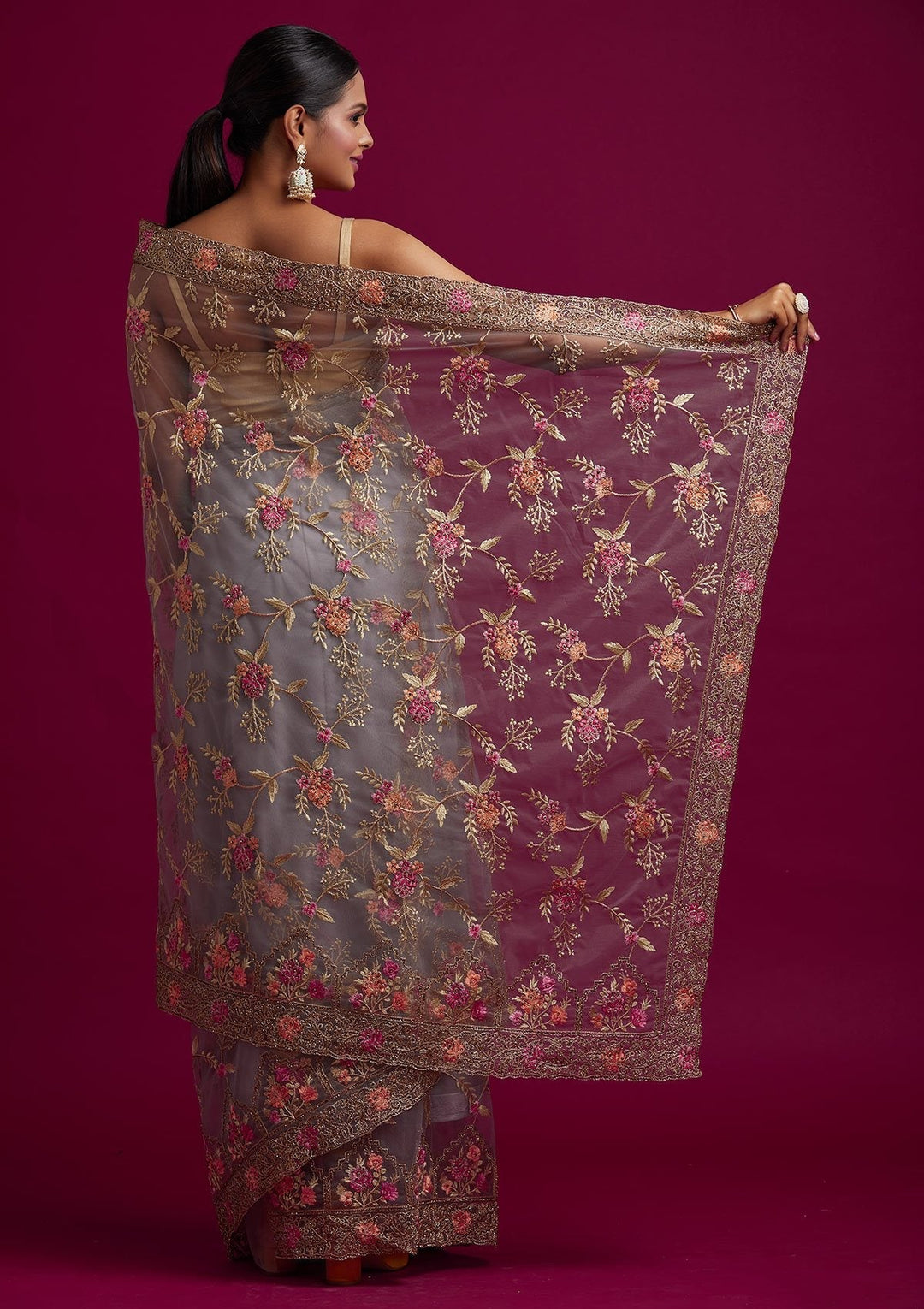 Dark Grey Stonework Net Designer Saree - koskii