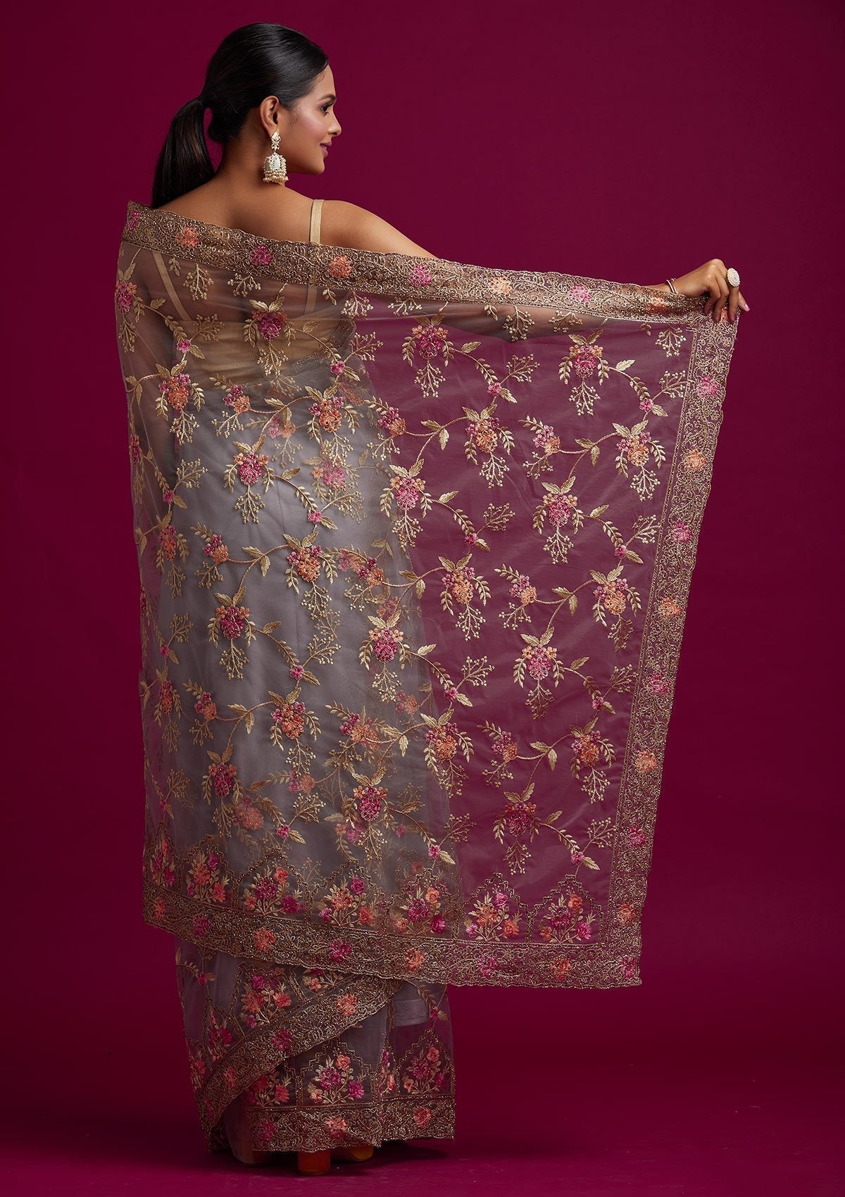 Dark Grey Stonework Net Designer Saree - koskii
