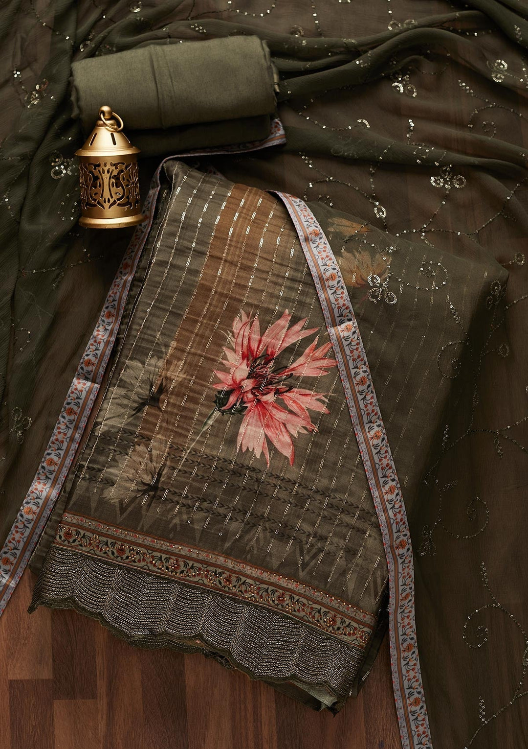 Dark Grey Swarovski Semi Crepe Designer Unstitched Salwar Suit - Koskii