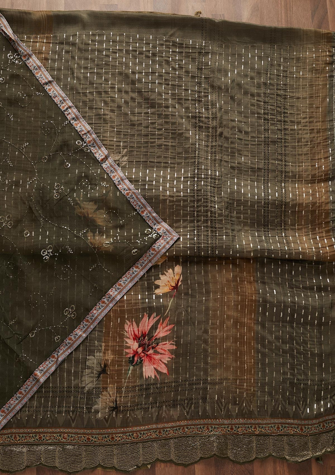 Dark Grey Swarovski Semi Crepe Designer Unstitched Salwar Suit - Koskii