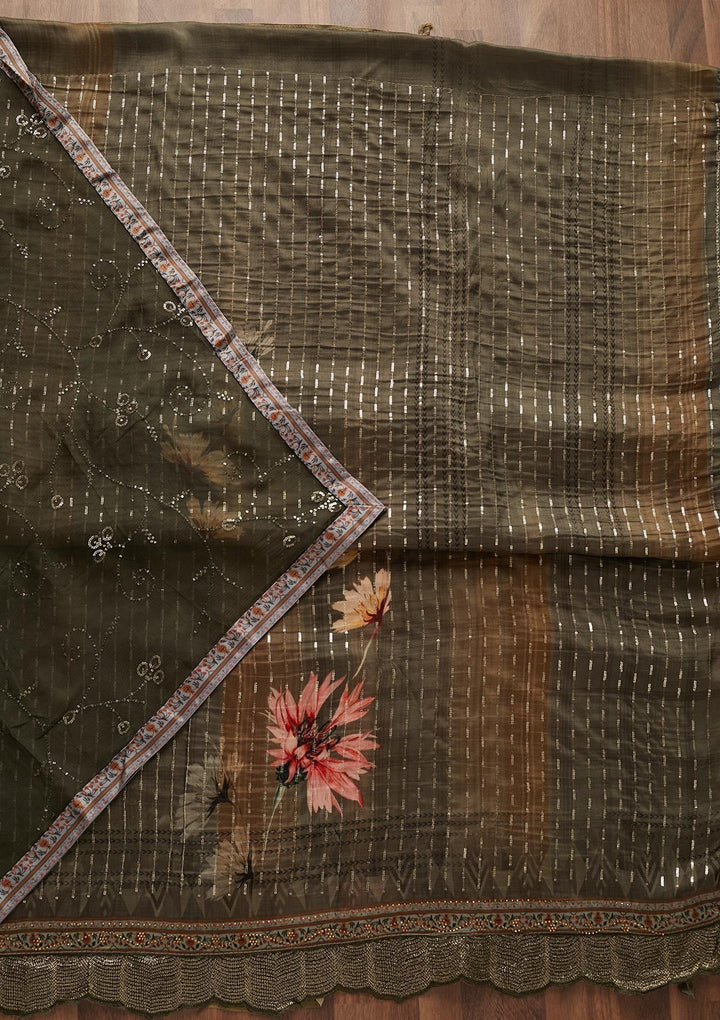Dark Grey Swarovski Semi Crepe Designer Unstitched Salwar Suit - Koskii