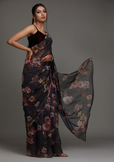 Dark Grey Swarovski Tissue Saree- Koskii