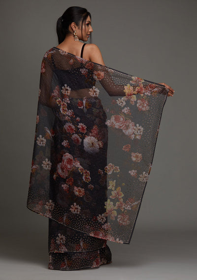 Dark Grey Swarovski Tissue Saree - Koskii