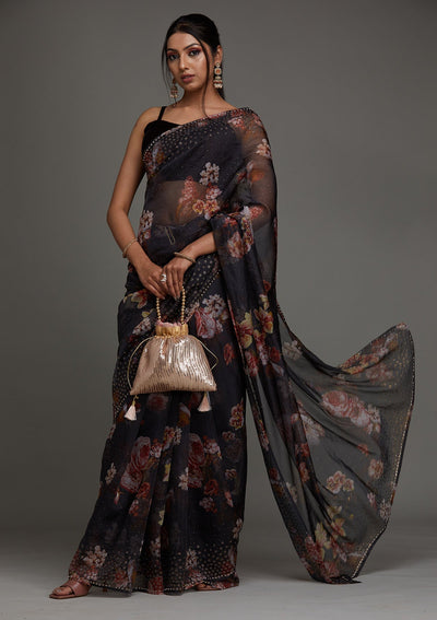 Dark Grey Swarovski Tissue Saree - Koskii