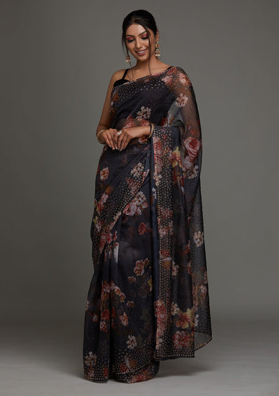 Dark Grey Swarovski Tissue Saree - Koskii