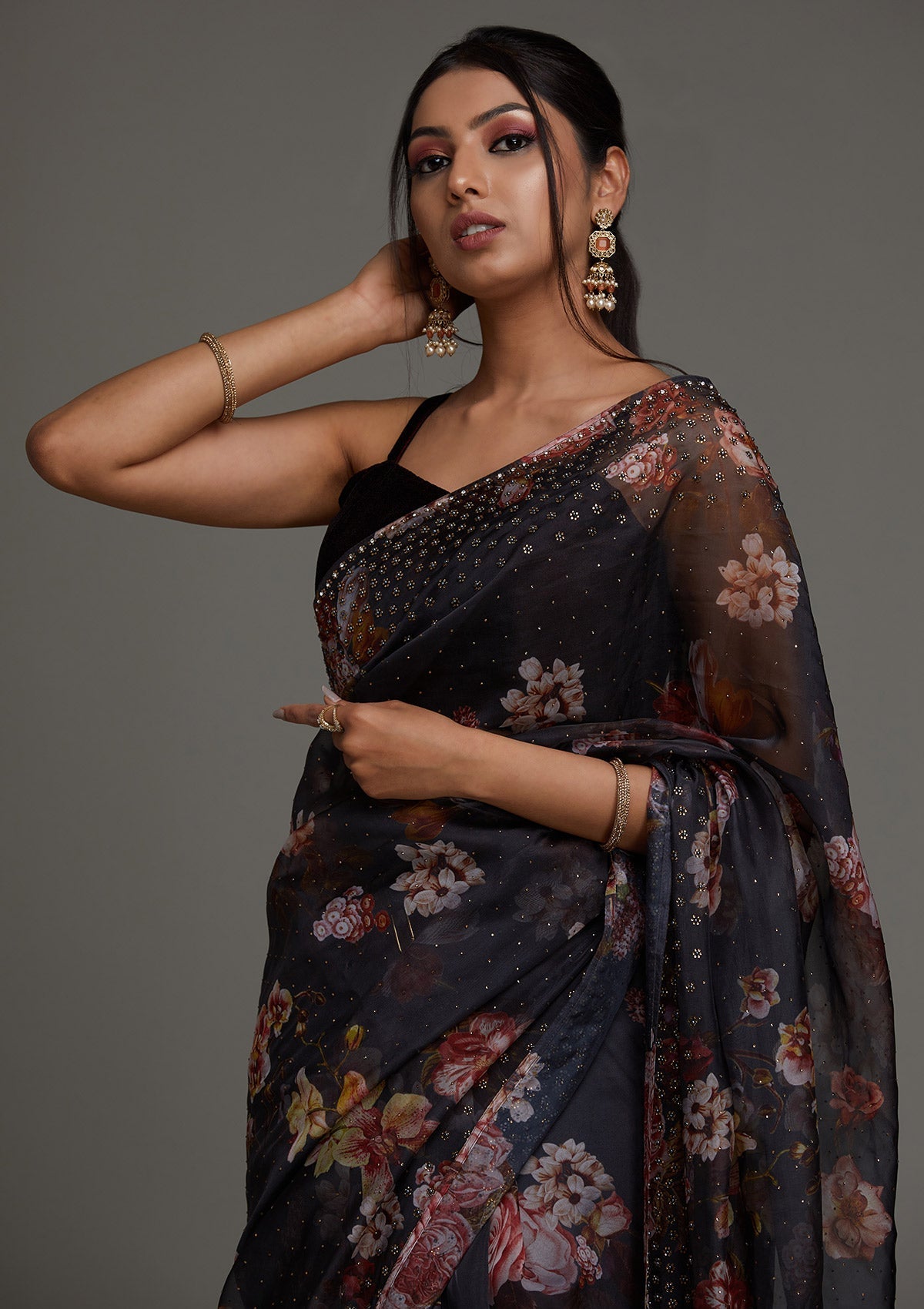 Dark Grey Swarovski Tissue Saree - Koskii