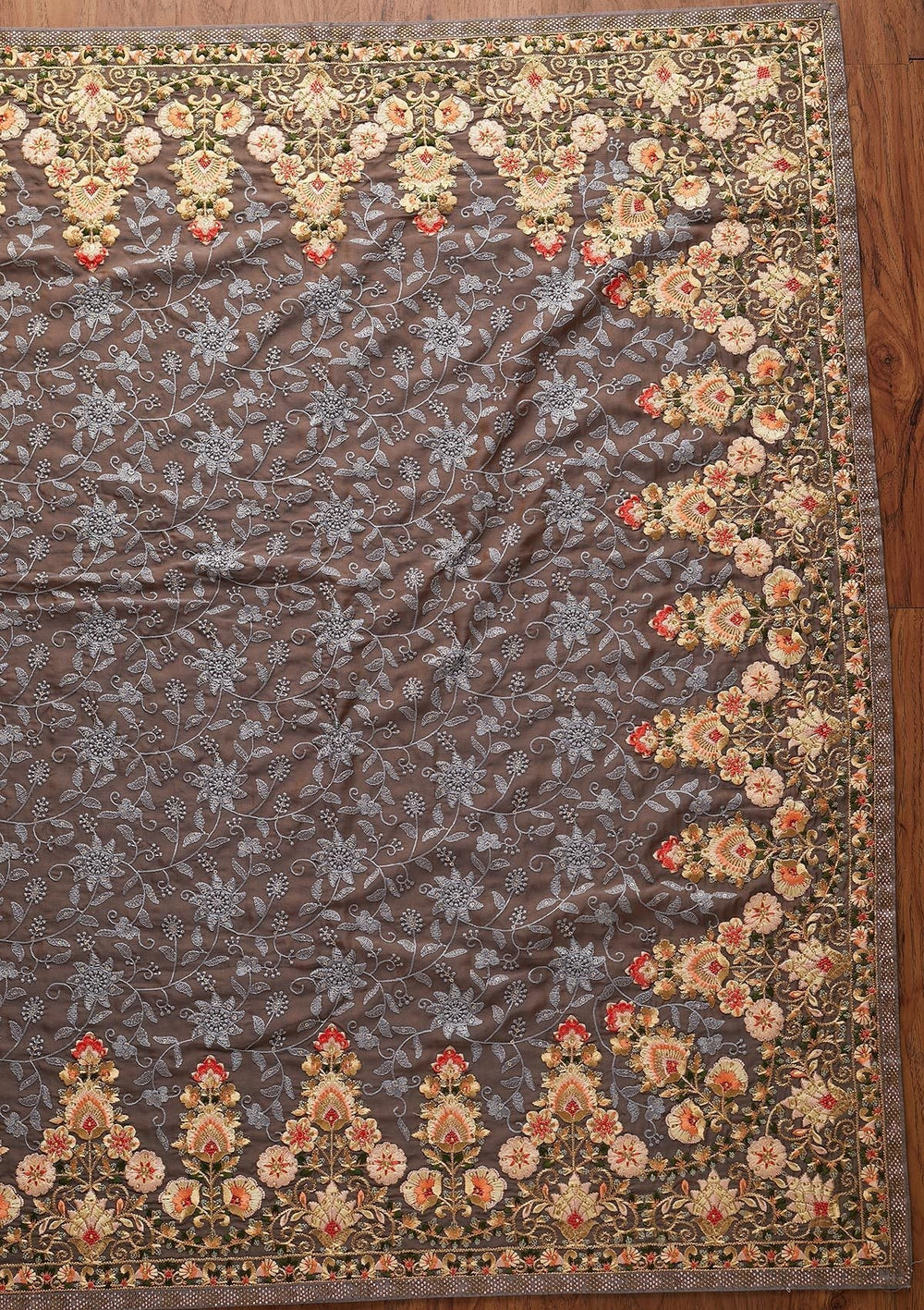 Dark Grey Threadwork Art Silk Designer Saree - koskii