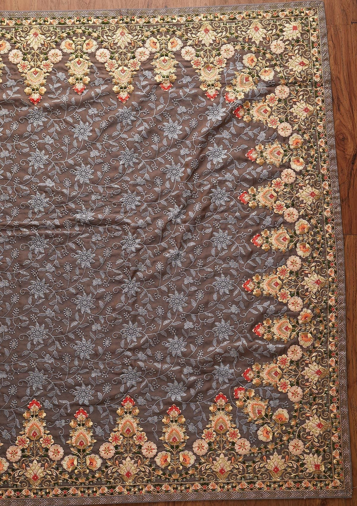 Dark Grey Threadwork Art Silk Designer Saree - koskii