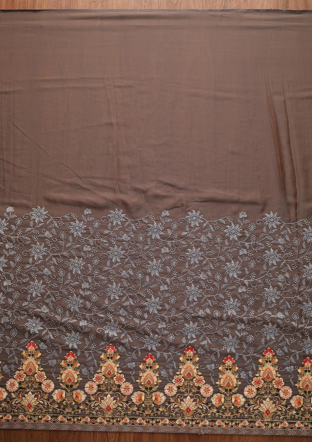 Dark Grey Threadwork Art Silk Designer Saree - koskii