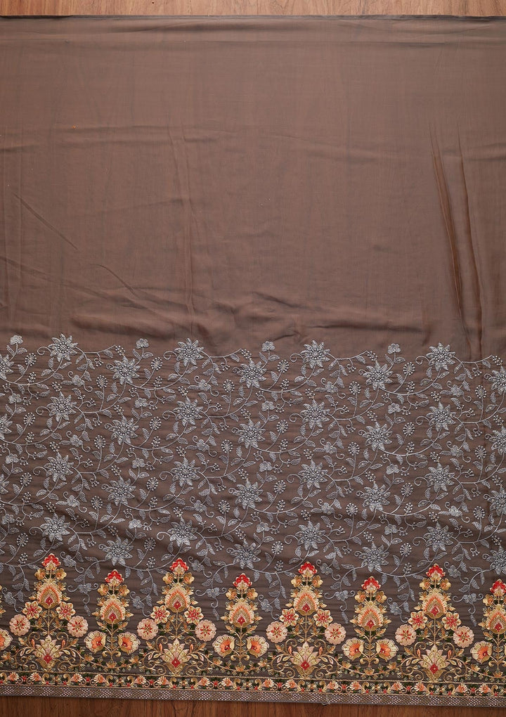 Dark Grey Threadwork Art Silk Designer Saree - koskii