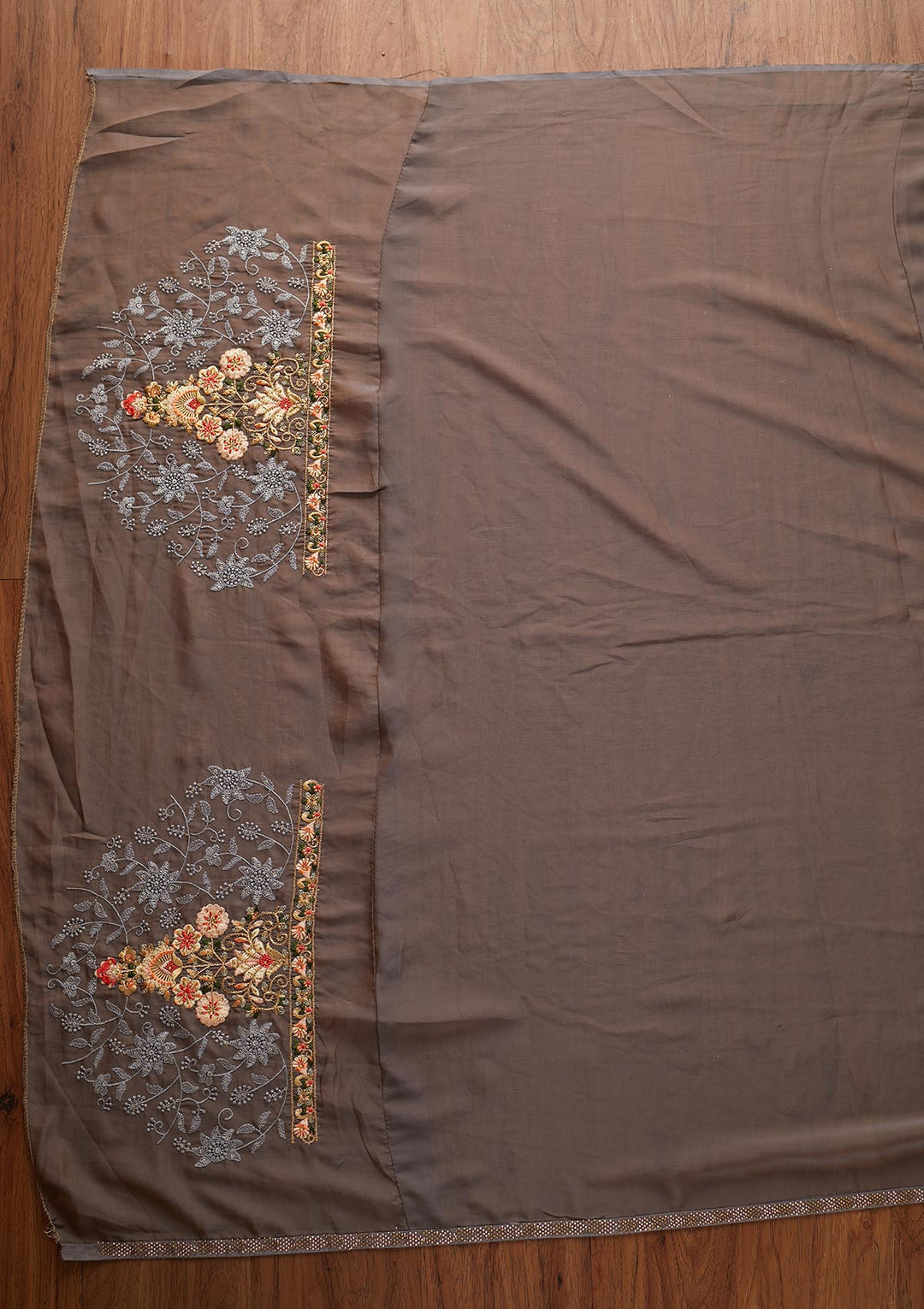 Dark Grey Threadwork Art Silk Designer Saree - koskii