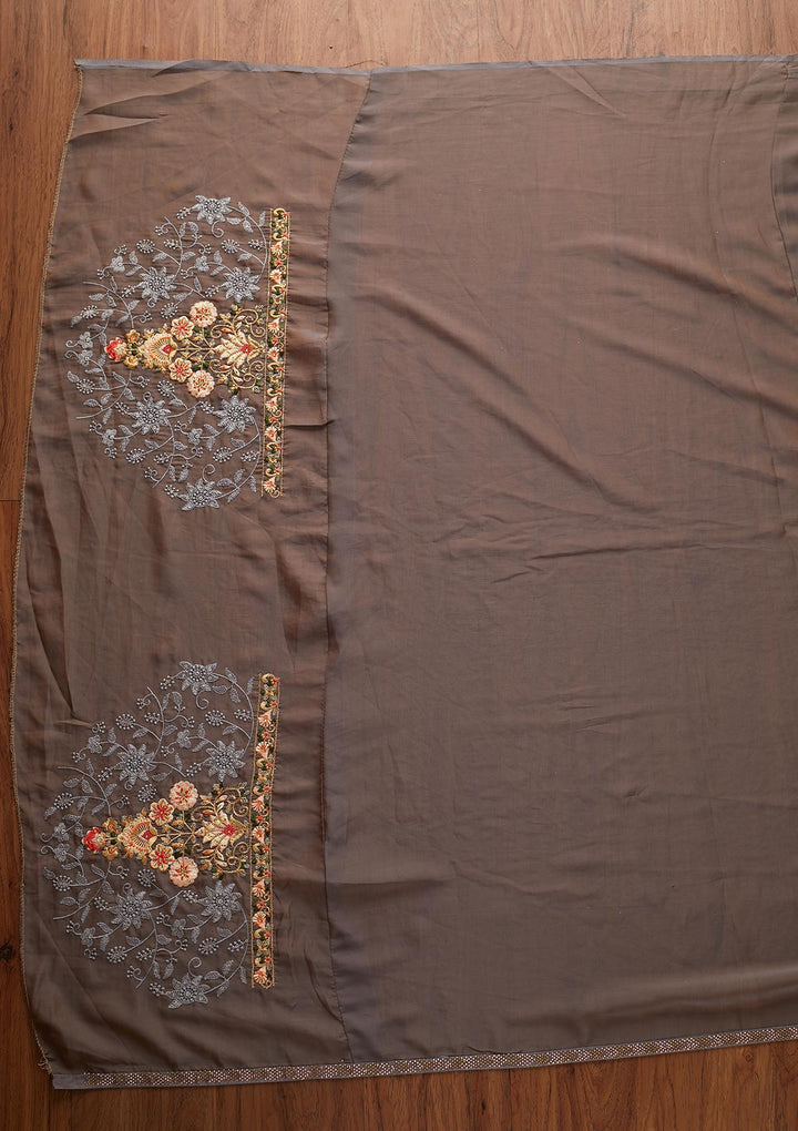 Dark Grey Threadwork Art Silk Designer Saree - koskii