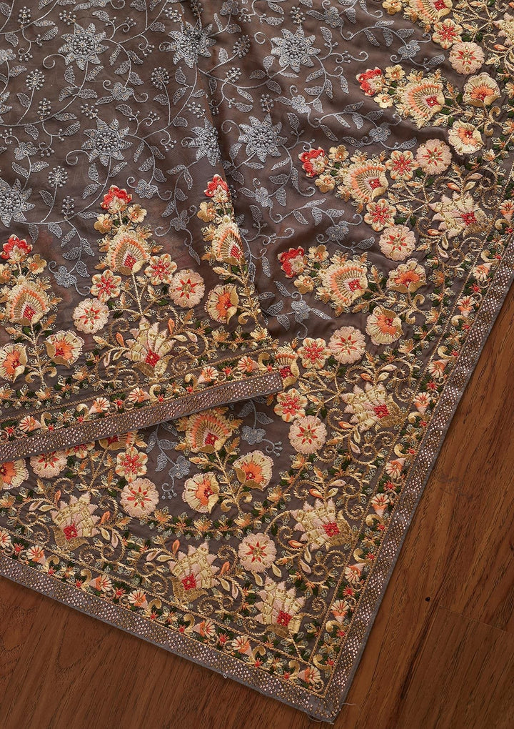 Dark Grey Threadwork Art Silk Designer Saree - koskii