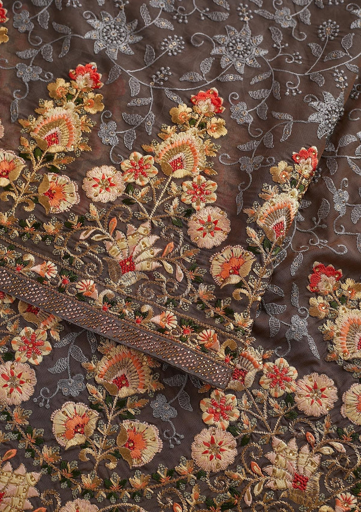 Dark Grey Threadwork Art Silk Designer Saree - koskii