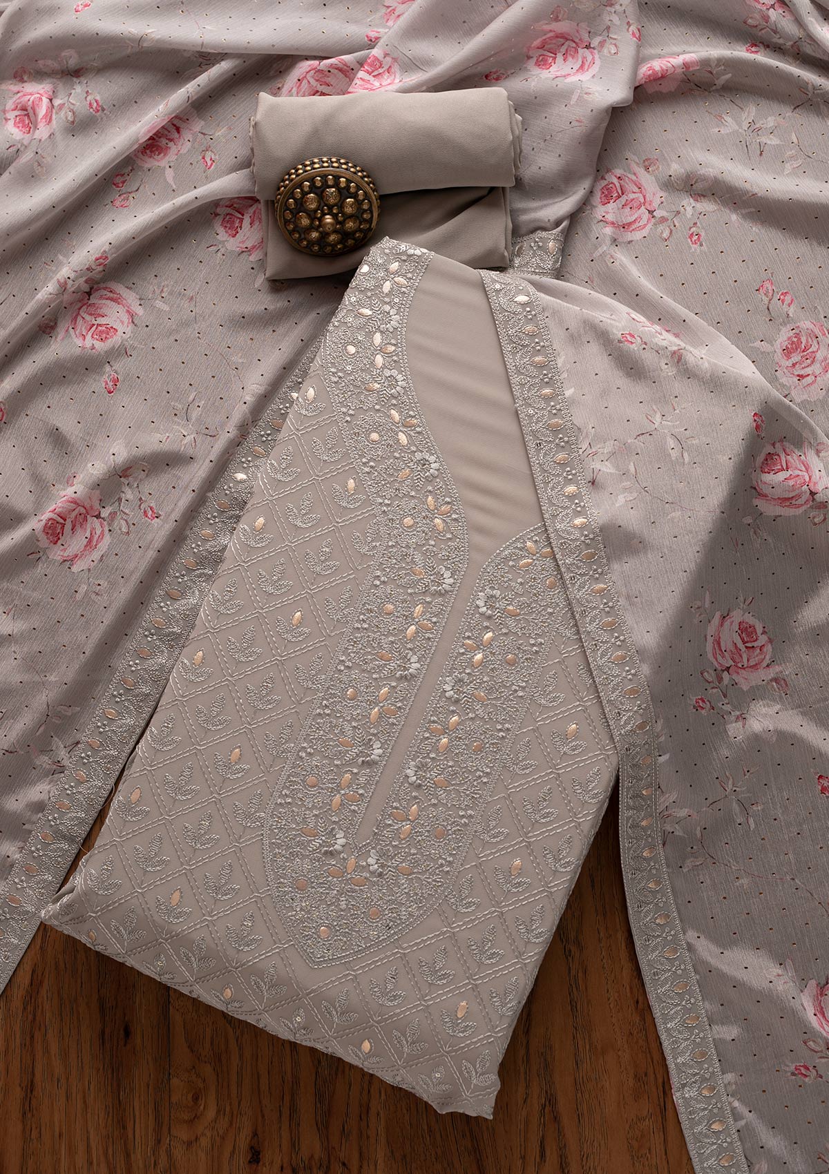 Dark Grey Threadwork Georgette Designer Unstitched Salwar Suit - Koskii