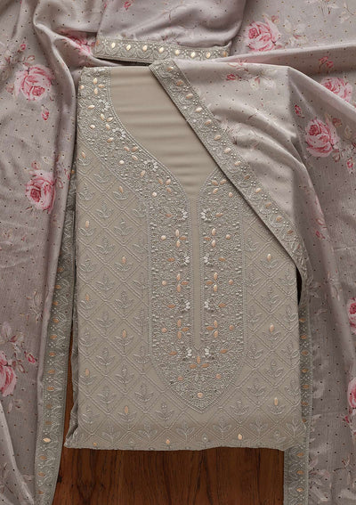 Dark Grey Threadwork Georgette Designer Unstitched Salwar Suit - Koskii