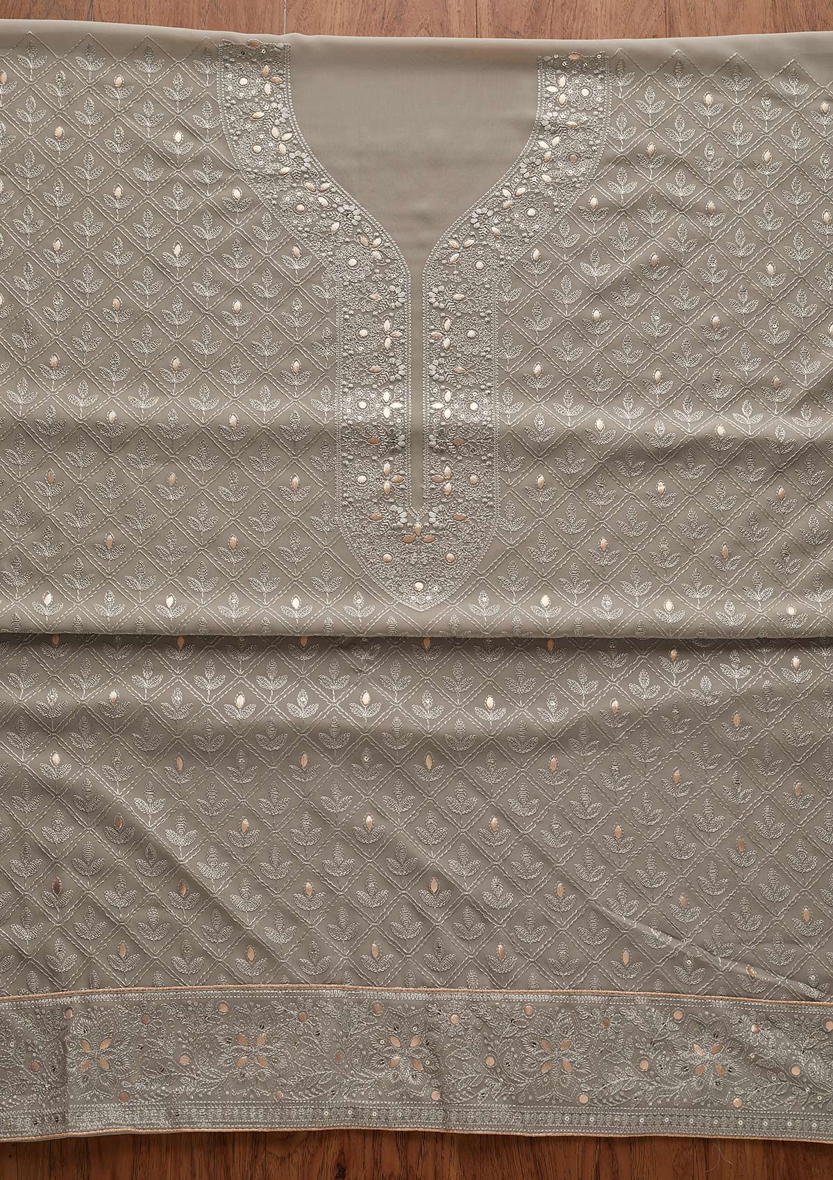 Dark Grey Threadwork Georgette Designer Unstitched Salwar Suit - Koskii