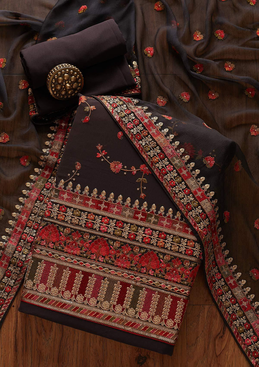 Dark Grey Threadwork Georgette Designer Unstitched Salwar Suit - koskii
