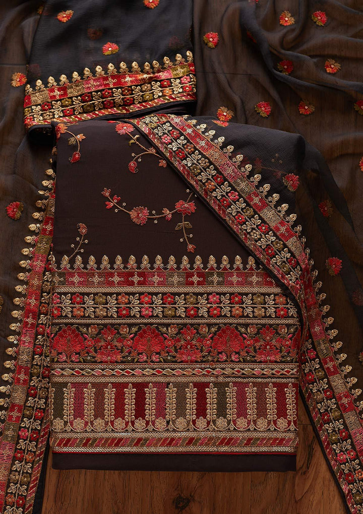 Dark Grey Threadwork Georgette Designer Unstitched Salwar Suit - koskii