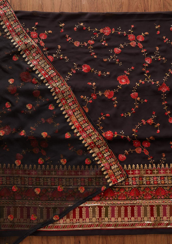 Dark Grey Threadwork Georgette Designer Unstitched Salwar Suit - koskii