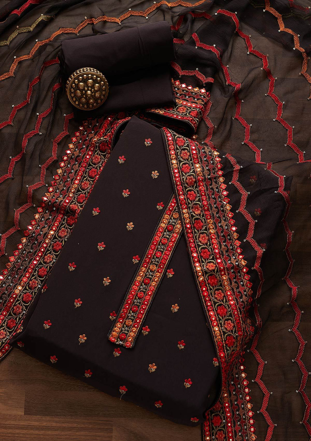 Dark Grey Threadwork Georgette Designer Unstitched Salwar Suit - Koskii