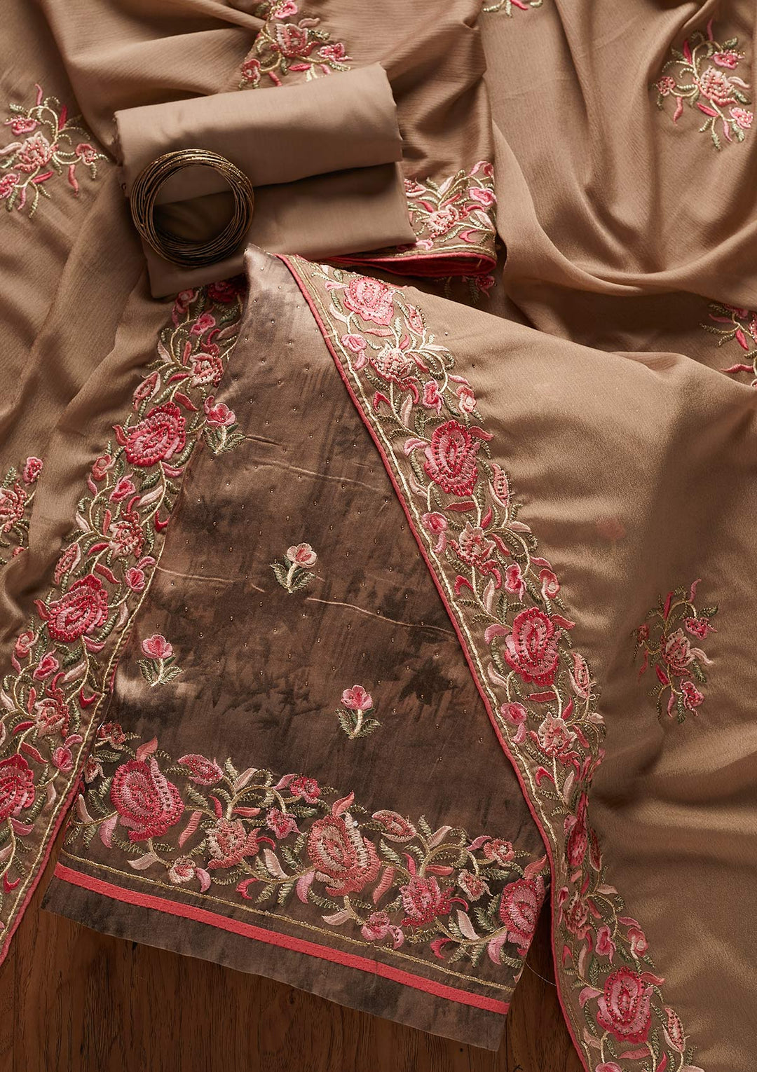 Dark Grey Threadwork Satin Designer Unstitched Salwar Suit - koskii