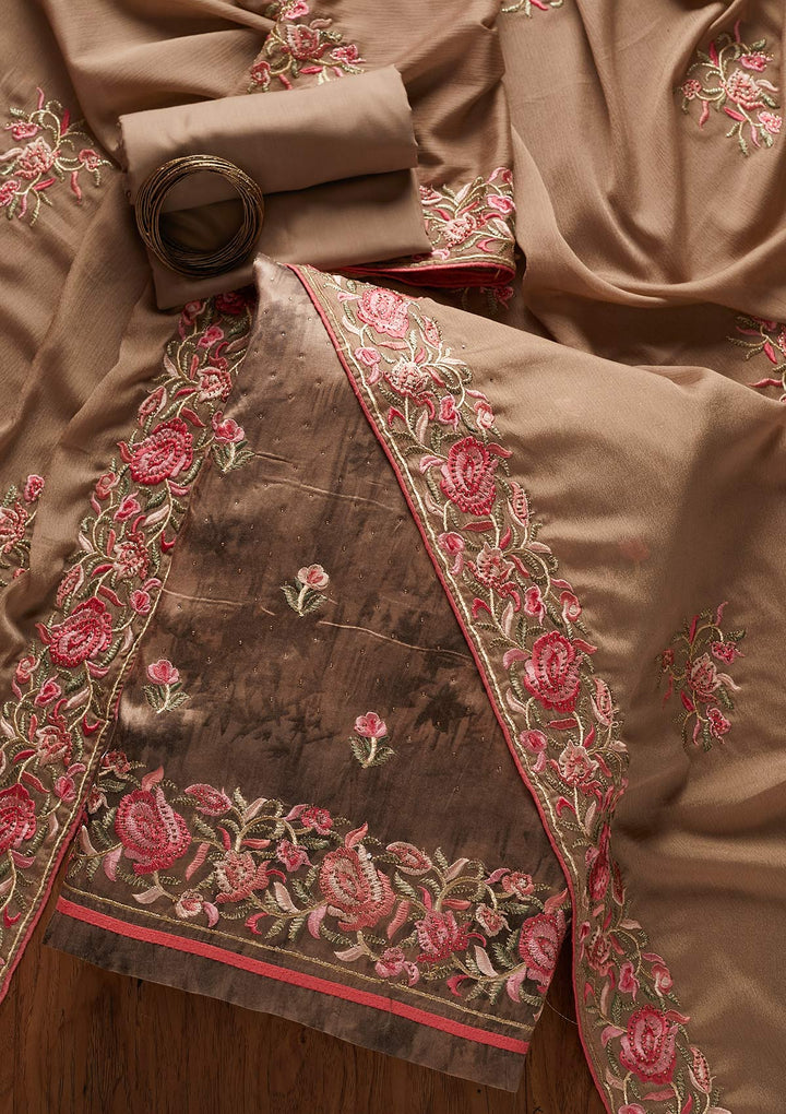 Dark Grey Threadwork Satin Designer Unstitched Salwar Suit - koskii