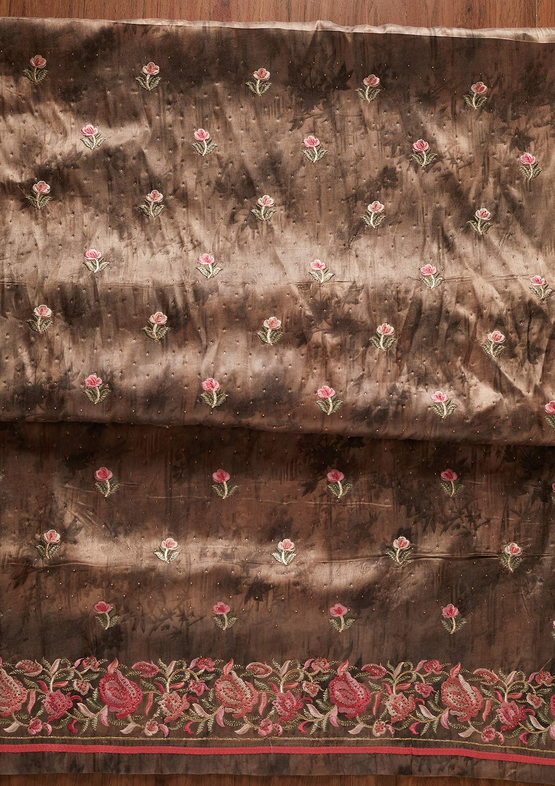 Dark Grey Threadwork Satin Designer Unstitched Salwar Suit - koskii