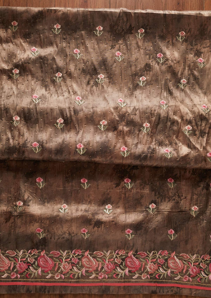 Dark Grey Threadwork Satin Designer Unstitched Salwar Suit - koskii