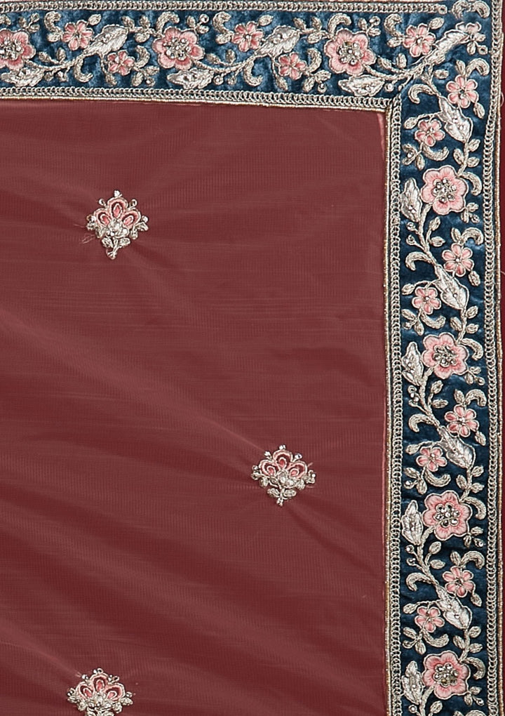 Dark Grey Silver Zariwork Velvet Designer Semi-Stitched Lehenga - koskii