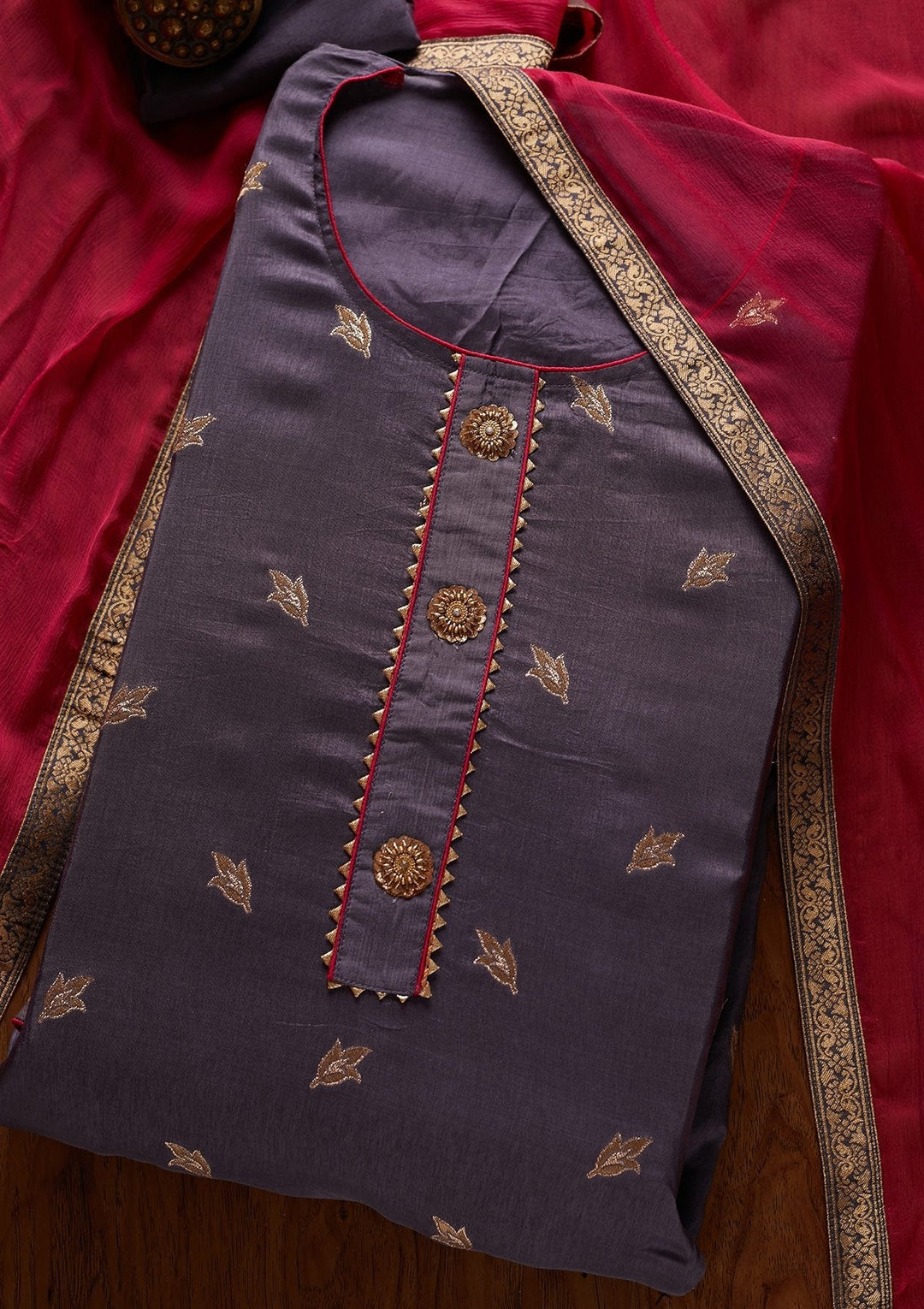 Dark Grey Zariwork Art Silk Designer Semi-Stitched Salwar Suit - koskii