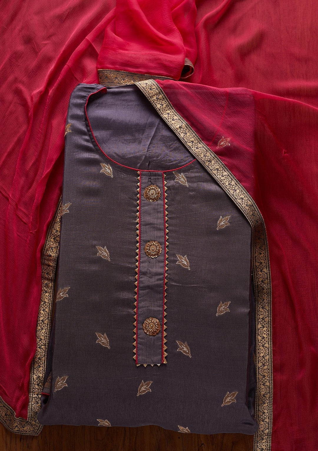 Dark Grey Zariwork Art Silk Designer Semi-Stitched Salwar Suit - koskii