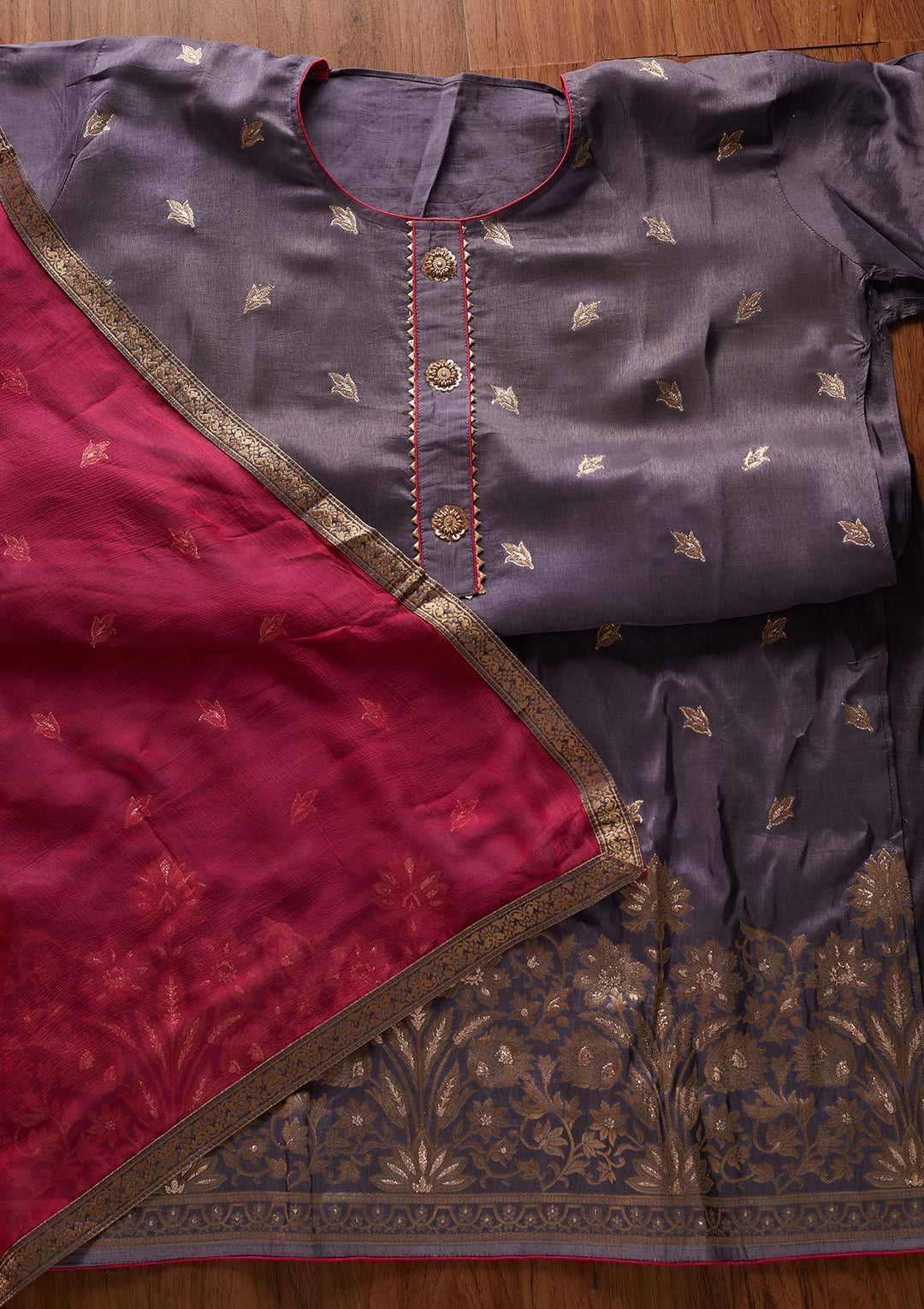 Dark Grey Zariwork Art Silk Designer Semi-Stitched Salwar Suit - koskii