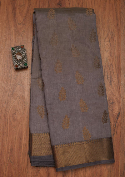 Dark Grey Zariwork Art Silk Designer Saree - Koskii