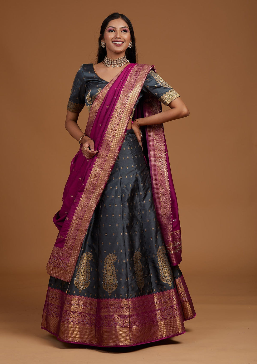 Dark Grey Zariwork Brocade Designer Lehenga-Koskii