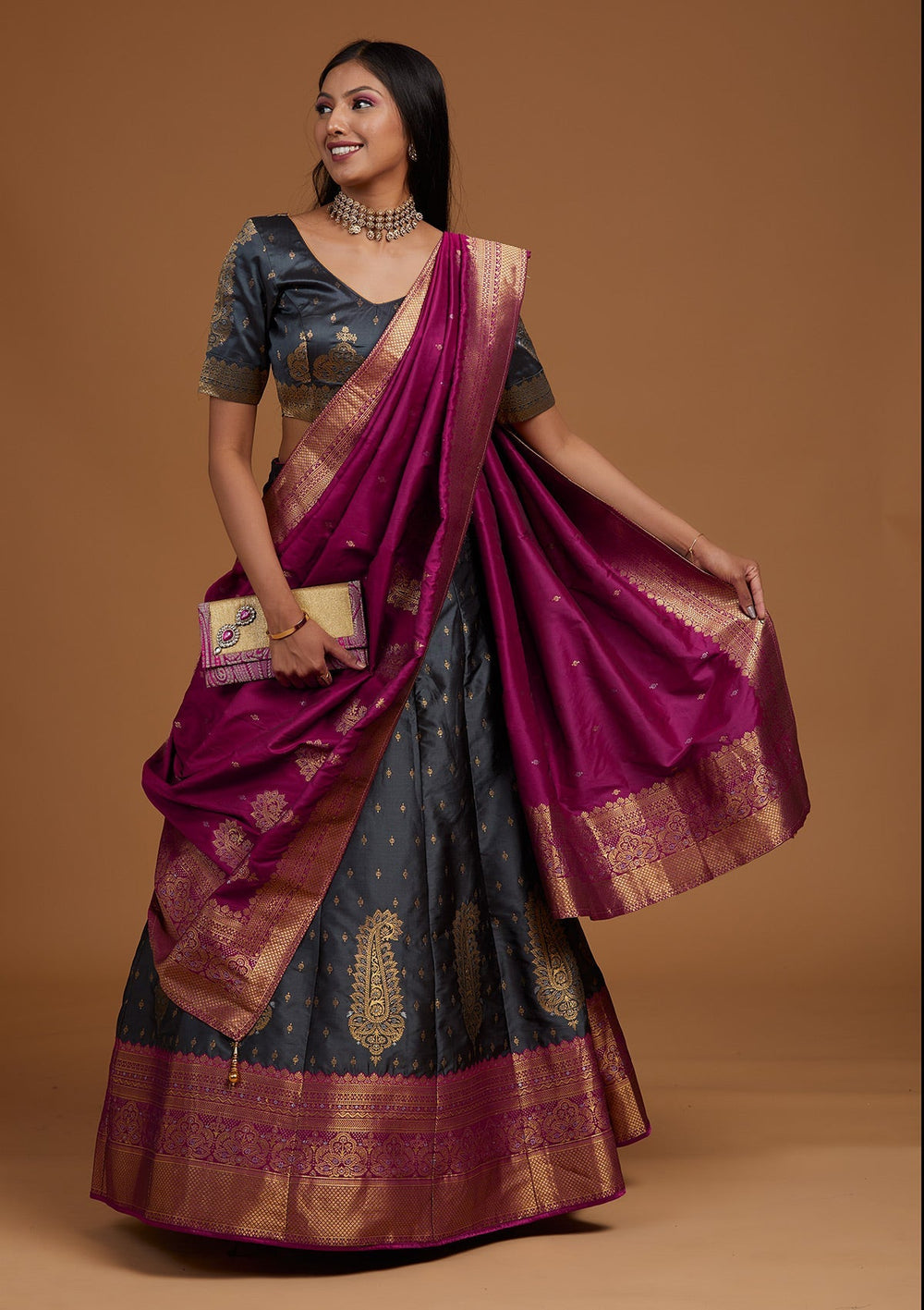Dark Grey Zariwork Brocade Designer Lehenga-Koskii