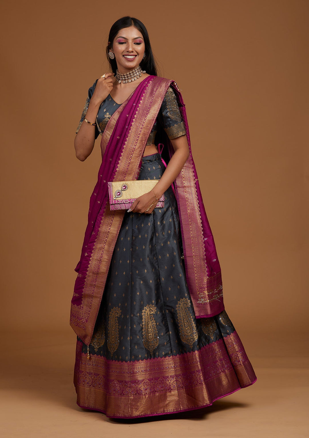 Dark Grey Zariwork Brocade Designer Lehenga-Koskii