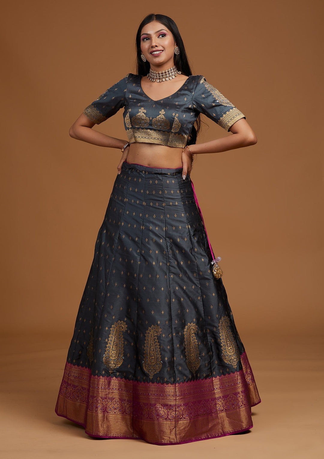 Dark Grey Zariwork Brocade Designer Lehenga-Koskii