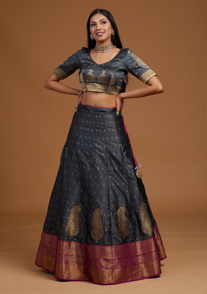 Dark Grey Zariwork Brocade Designer Lehenga-Koskii
