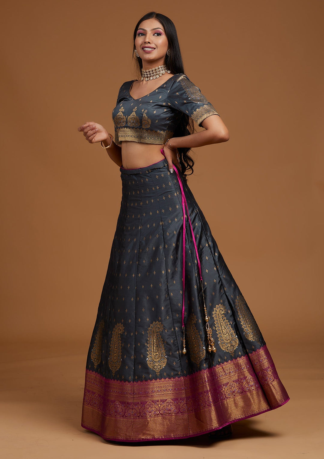 Dark Grey Zariwork Brocade Designer Lehenga-Koskii