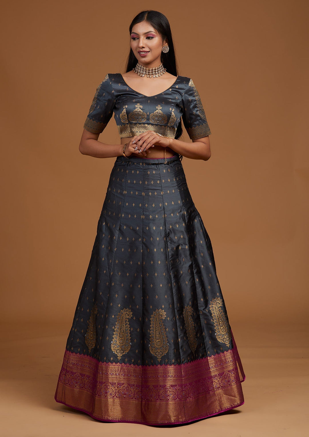 Dark Grey Zariwork Brocade Designer Lehenga-Koskii