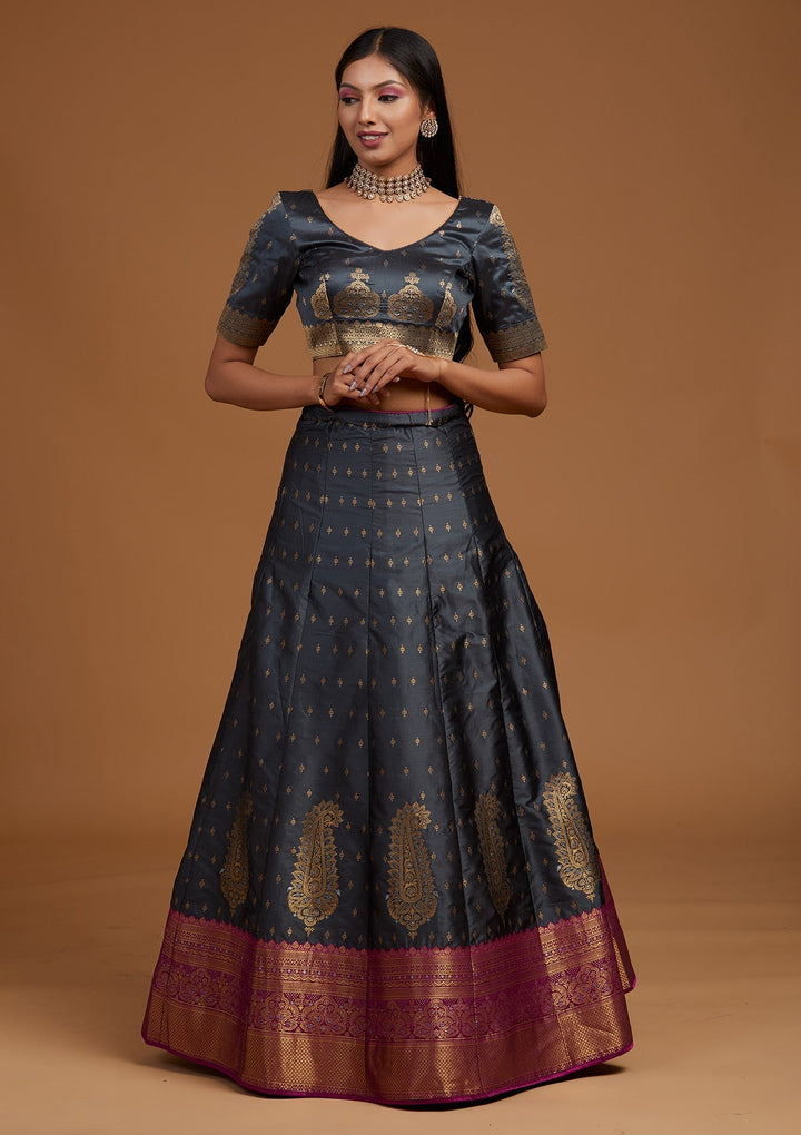 Dark Grey Zariwork Brocade Designer Lehenga-Koskii