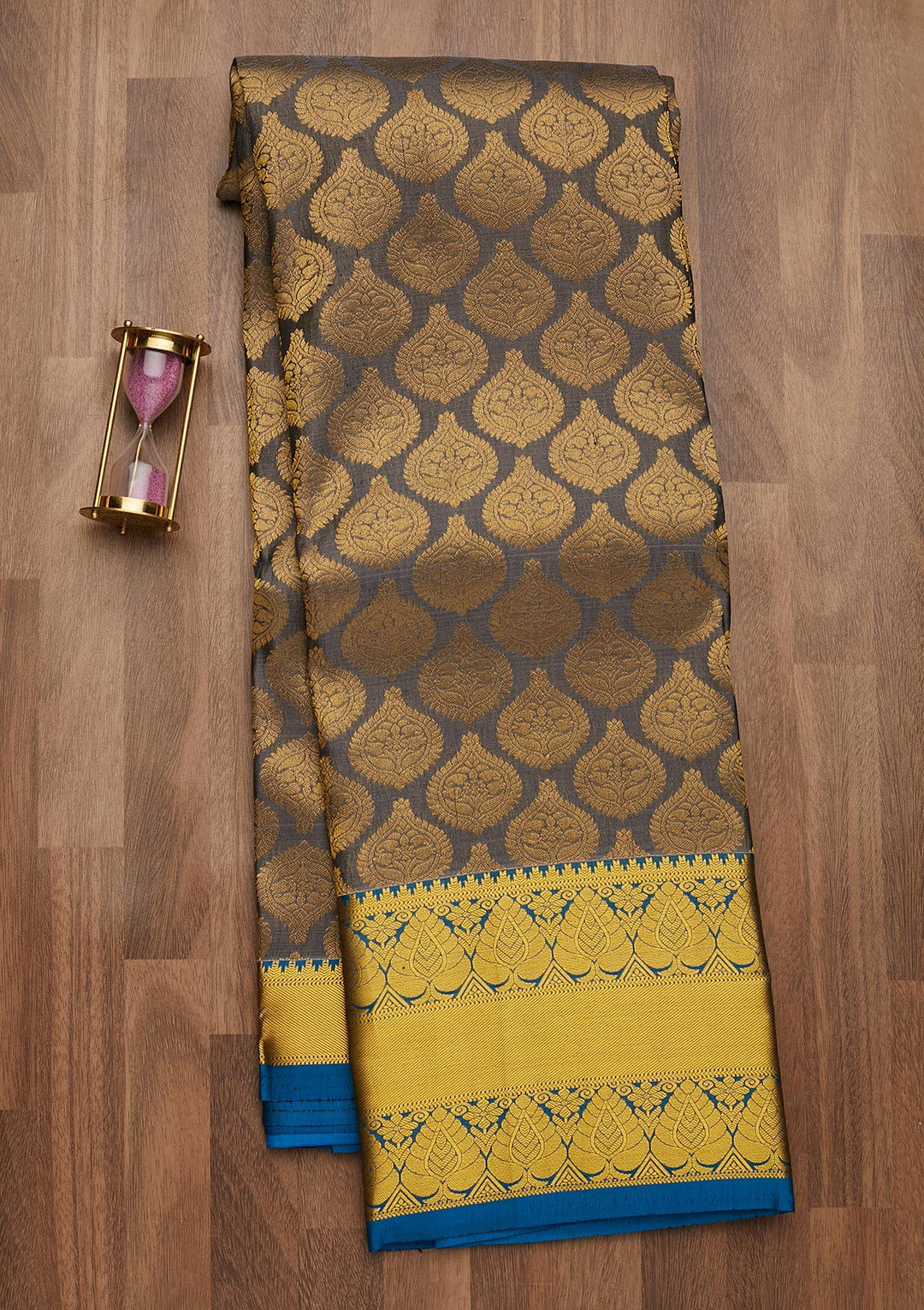 Dark Grey Zariwork Pure Silk Saree-Koskii