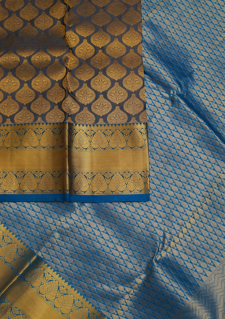 Dark Grey Zariwork Pure Silk Saree-Koskii