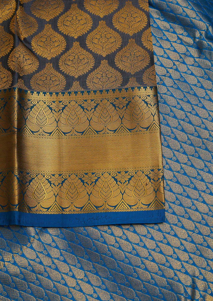 Dark Grey Zariwork Pure Silk Saree-Koskii