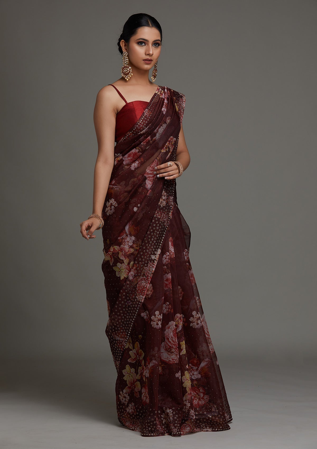 Dark Maroon Swarovski Tissue Saree - Koskii