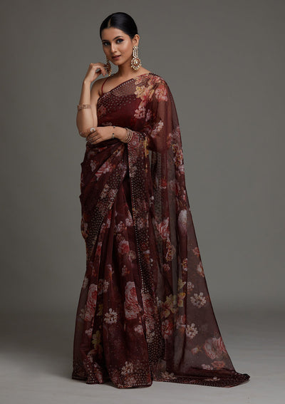 Dark Maroon Swarovski Tissue Saree - Koskii