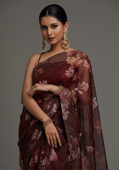 Dark Maroon Swarovski Tissue Saree - Koskii